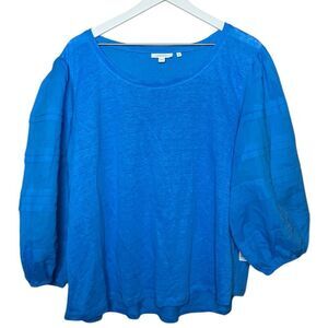 NEW Chico's Linen Puff Sleeve Blouse 4 XXL Lightweight Colorful Bright Blue